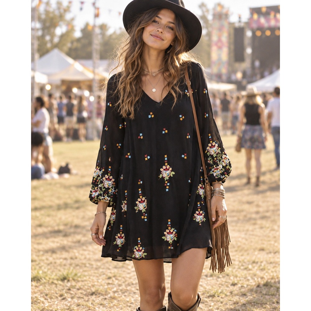 Free People Oxford Floral Embroidered Swing Dress Gauzy Cutout S Boho Festival